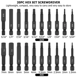 20Pcs Hex Head Allen Wrench Power Drill Bit Set 1/4in Screwdriver S2 Steel Screw Driver Extension Adapter Security Magnetic Tips