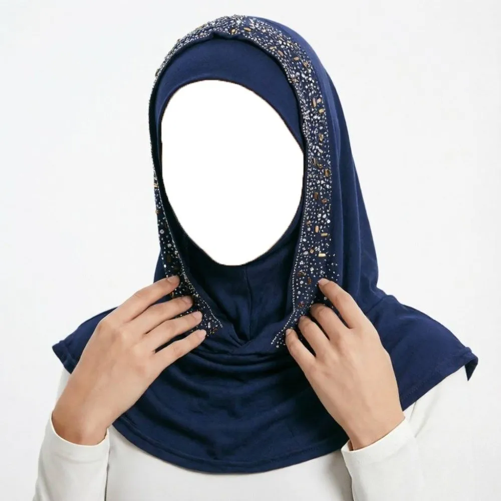 New Rhinestone Decor Instant Hijab Cap Soft Elastic Easy Wear Pull on Hijab Stretchable Breathable Head Wrap Hat Party