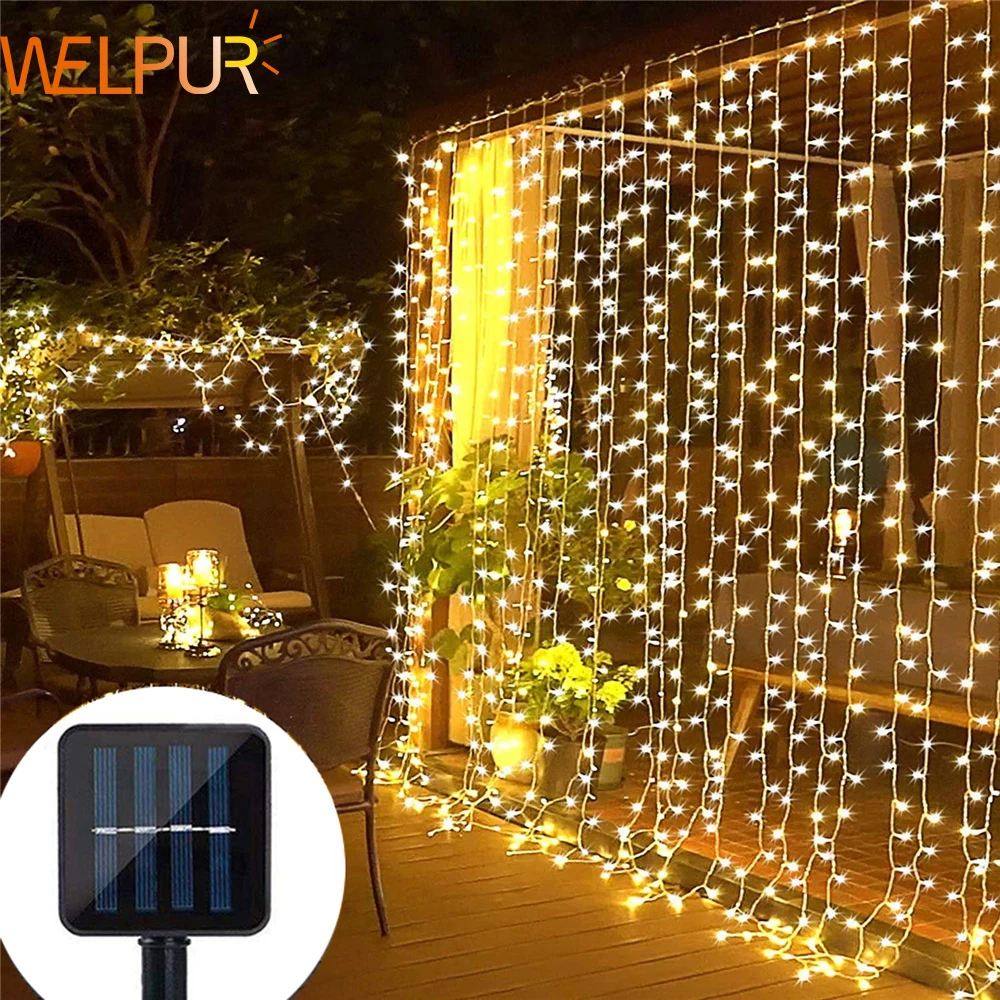 ม่านพลังงานแสงอาทิตย์ไฟ LED กันน้ํากลางแจ้ง 300 LEDs Garland ตกแต่ง String ไฟ YARD คริสต์มาส Fairy Garland String ไฟ