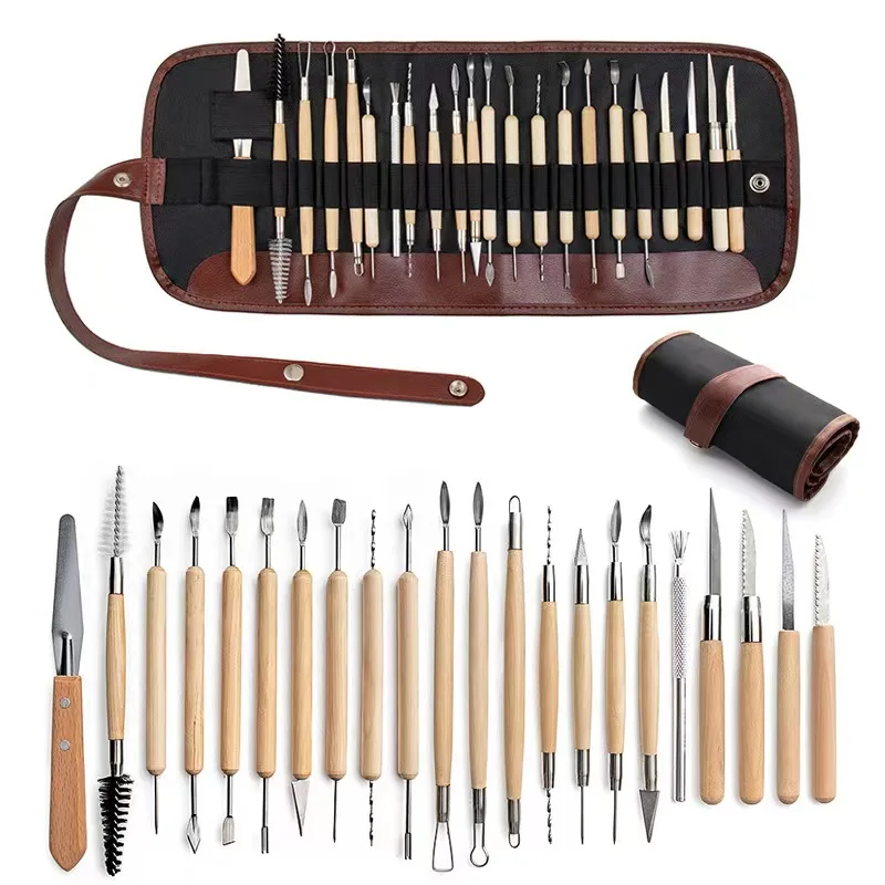 22Pcs/set Arts Crafts Clay Tools Kit Pottery Carving Tool Set Pottery & Ceramics Wooden Handle Modeling Sculpture Wooden Tool