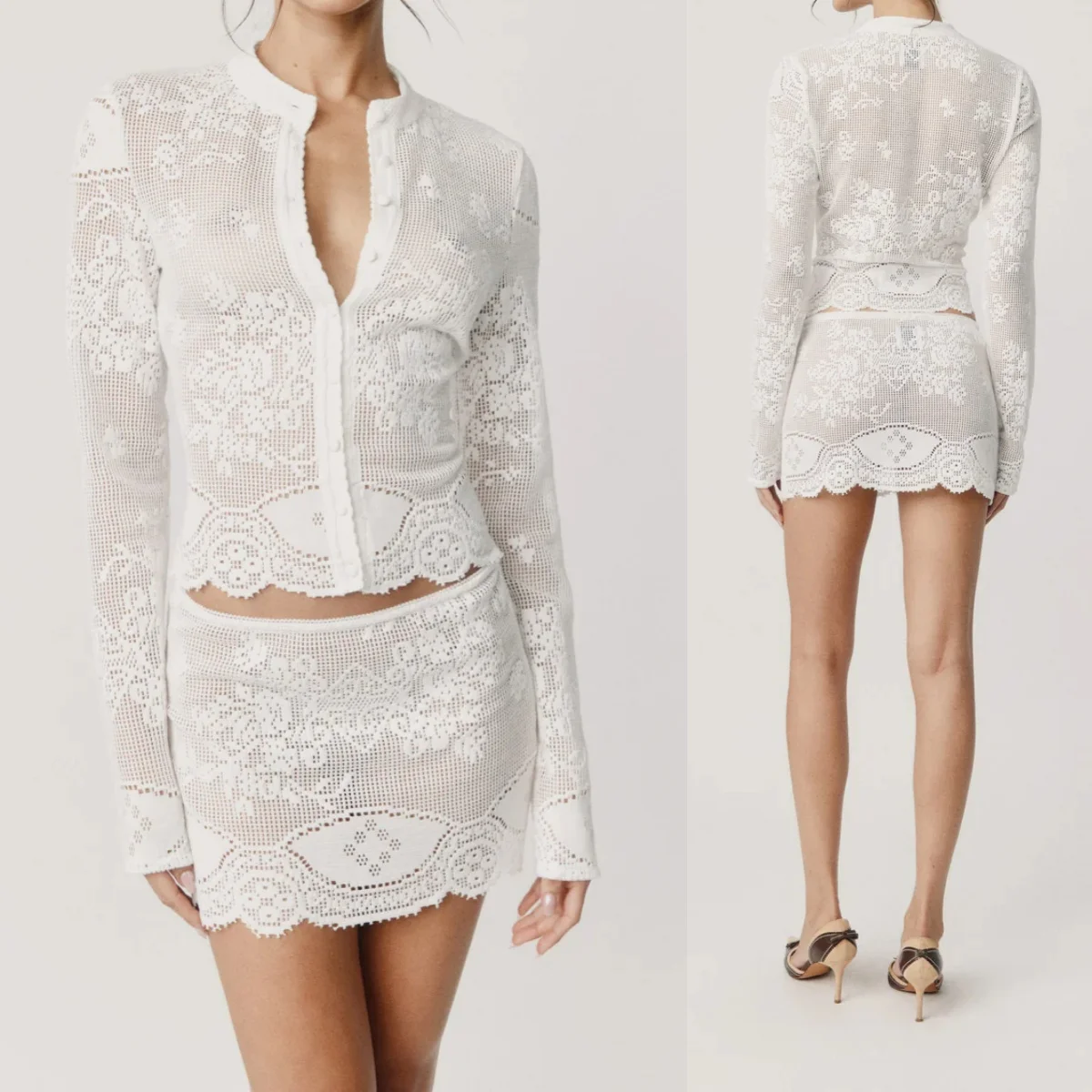 Wj Hollow-Out Lace Stand-Collar Short Cardigan, Vintage Sheer Mesh Long-Sleeve Sun-Protective Top, Floral Crochet Knit Short Long-Sleeve Shirt, Slightly Sheer Lace Long-Sleeve Cardigan