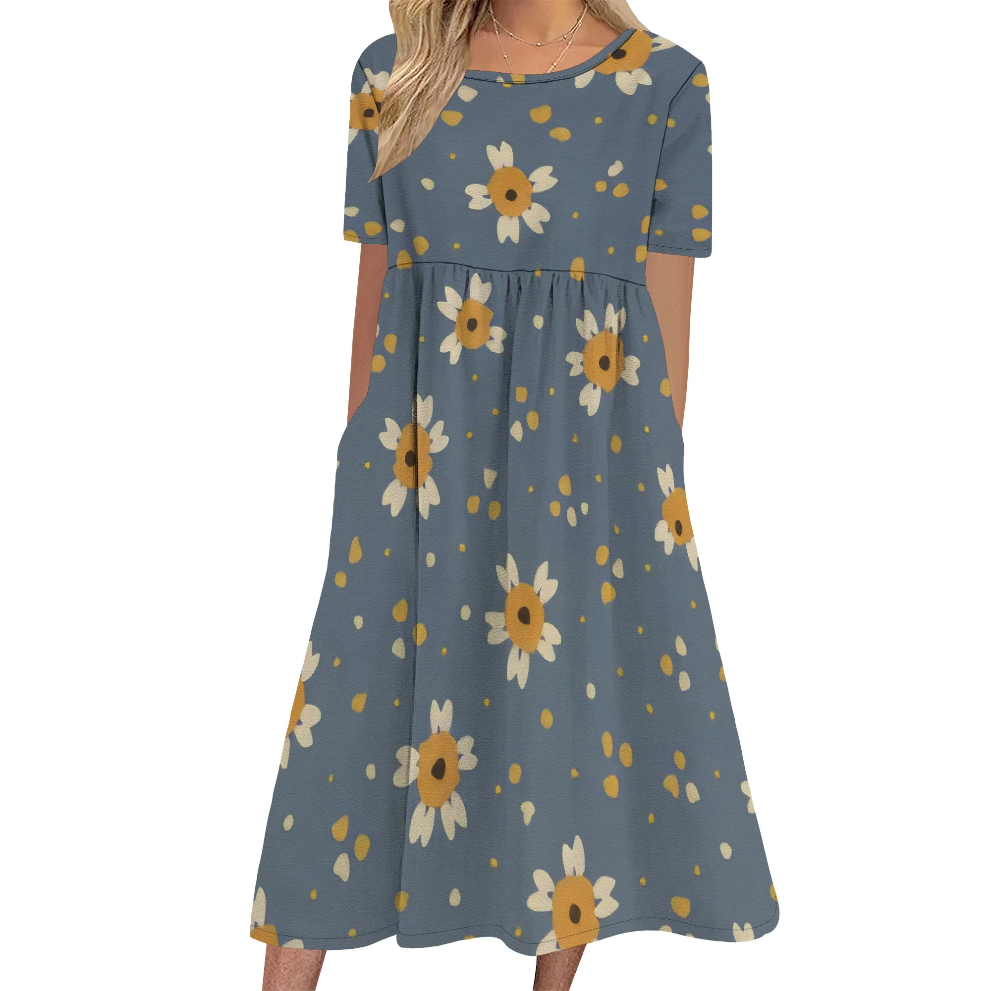 Womens Boho 미디 드레스 반소매 에스닉 프린트 드레스 크루넥 Dressy 캐주얼 여름 루즈핏 드레스(포켓 포함)