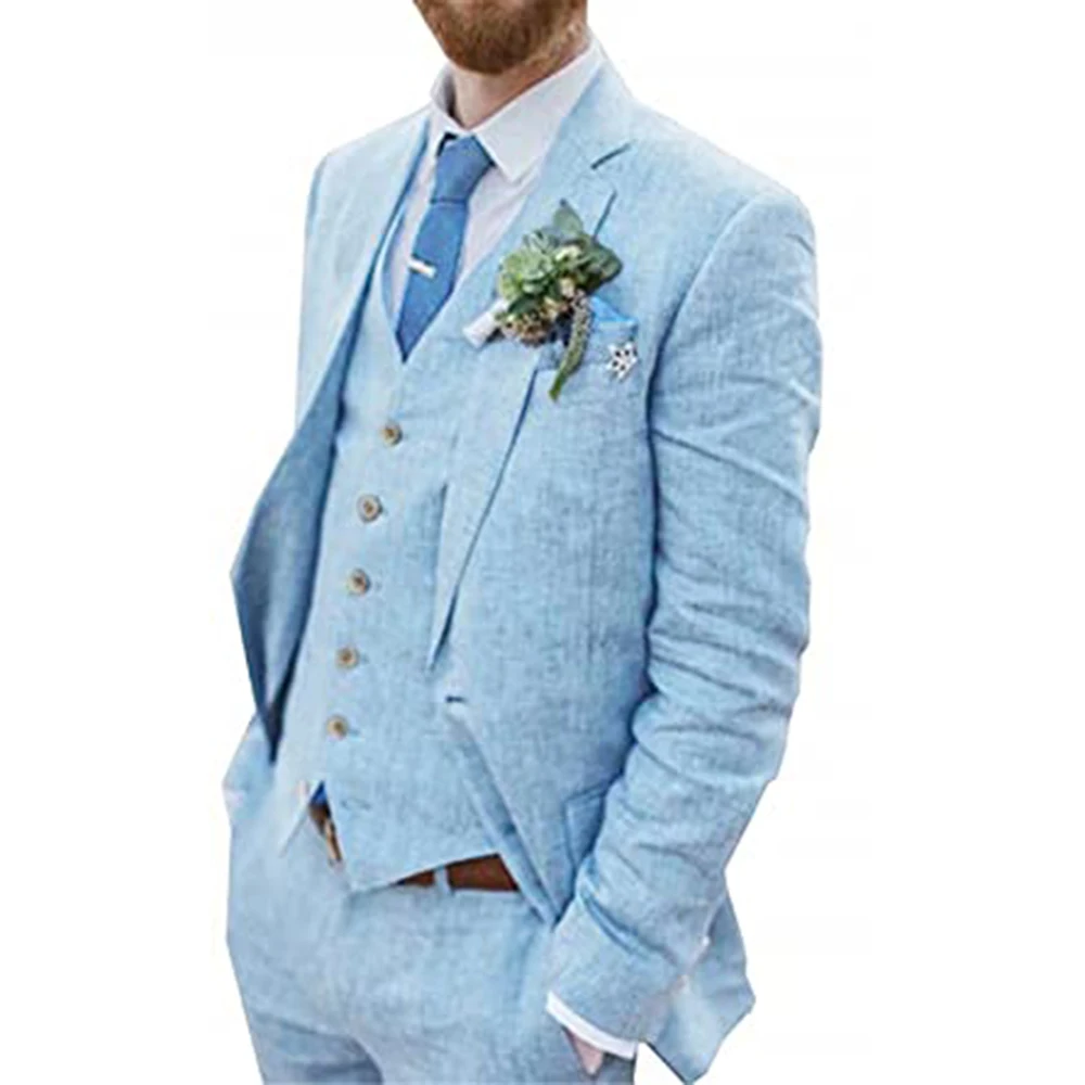 

Men Suit Retro Linen Casual Seersucker Skinny Notched Lapel 3 Pieces (Blazer + Vest + Pants)Groom Wear Tuxedo Costume Homme