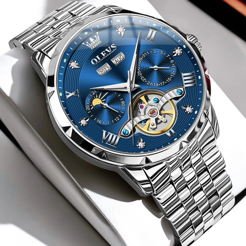 OLEVS 6691 Herrenuhr Luxus Business Original Schwungrad Automatische mechanische Uhr für Mann Ewiger Kalender Mondphase Leuchtend 6