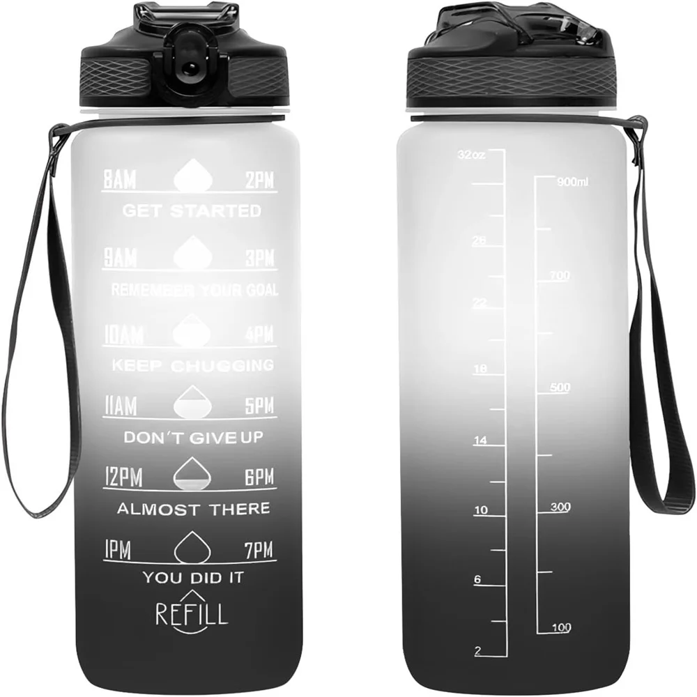 1pc 1000ml Water Bottle with Time Marker to Drink and Straw  Motivational Sports Bottle  Fitness with Strap for Office, Gym, Out