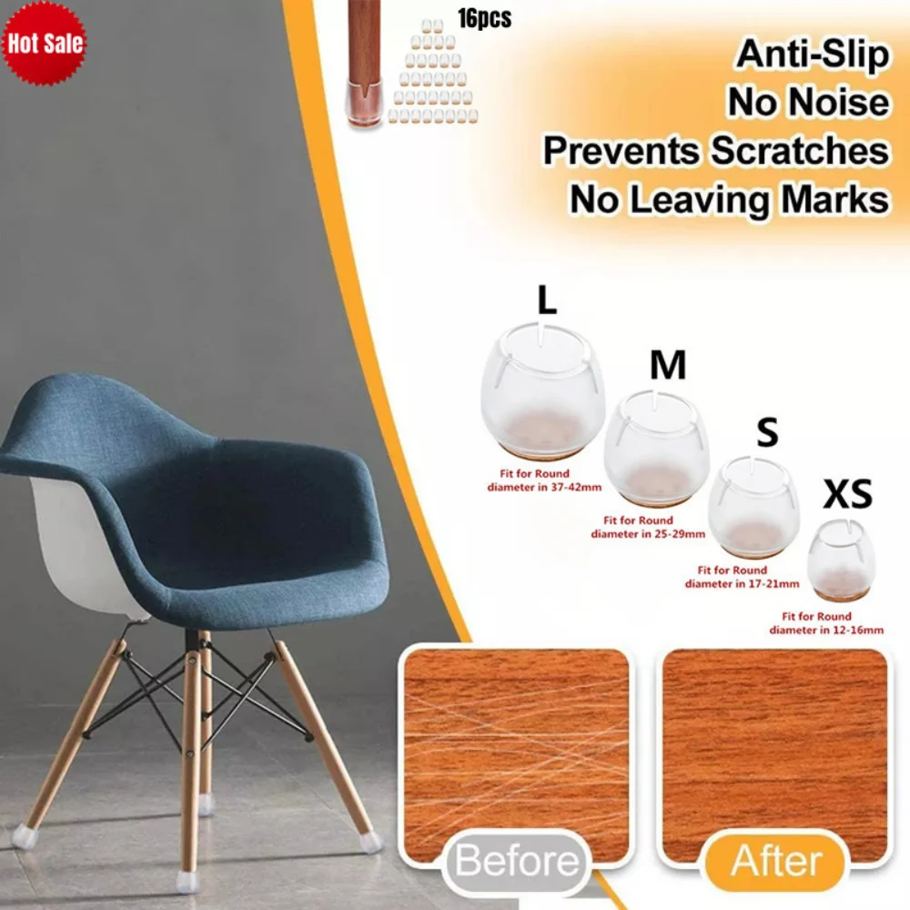 16pcs Round Silicone Chair Leg Caps Furniture Feet Rug Felt Covers Anti Scratch Floor Protector Table Bottom Circle Non-Slip Pad