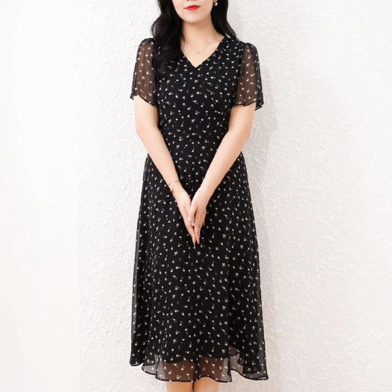 2024 New Summer Chinese Style Commuting Fashion Loose Chiffon Floral A-line Skirt V-neck Bubble Sleeve Women\'s Mid Length Dress