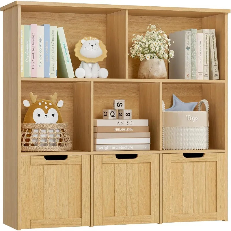 Toy Storage Organizer with 3 Movable Drawers, Floor Storage Cabinet Toy Chest with Hidden Wheels and 5 Storage Cubbies,