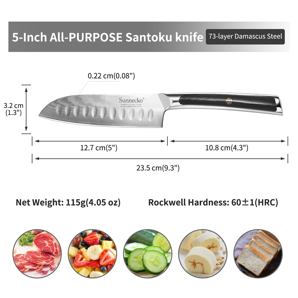 SUNNECKO 5 inch Santoku Knife Damascus Japanese VG10 Core Steel Blade Kitchen Knives G10 Handle Sharp Meat Cutter Chef's Knives