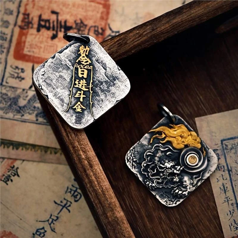 Copper electroplated gold pendant925Silver 【Hidden Creations】Traditional Chinese Style Handmade Double-Sided Design Dragon Penda