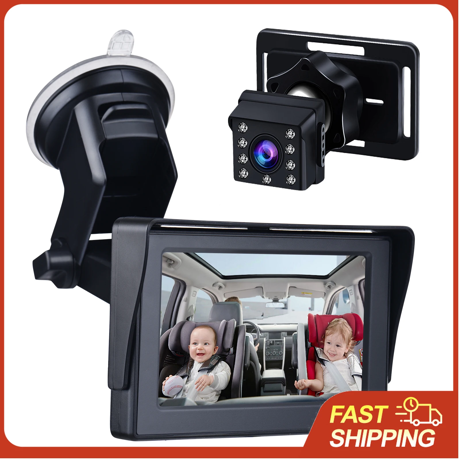 Baby Car Camera 1080P 4.3Inch Baby Car Cam Night Vision Safety Car Seat Monitored Mirror Adjustable Angle Length 5M Long Cable