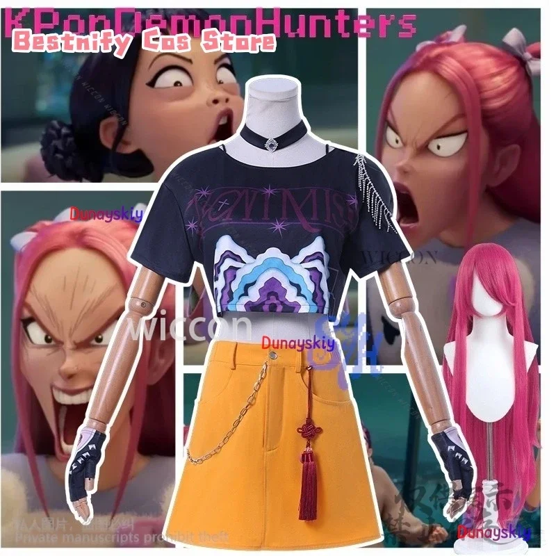 CosplayHuntrix คอสเพลย์อะนิเมะภาพยนตร์ปีศาจ Mira Kpop Idol Stage เครื่องแต่งกายหญิง Power กลุ่ม Cos ชุดมินิ Jirai Kei ชุดวิกผม Ha