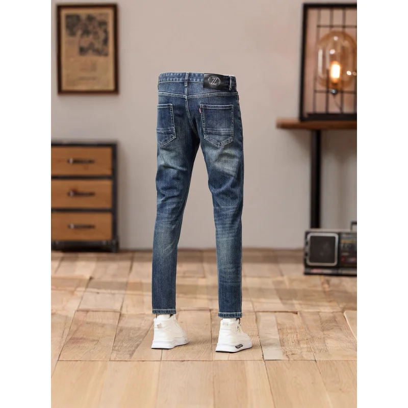 High end retro blue jeans men's autumn 2025 new trendy brand street paint printed slim fit small foot long pants