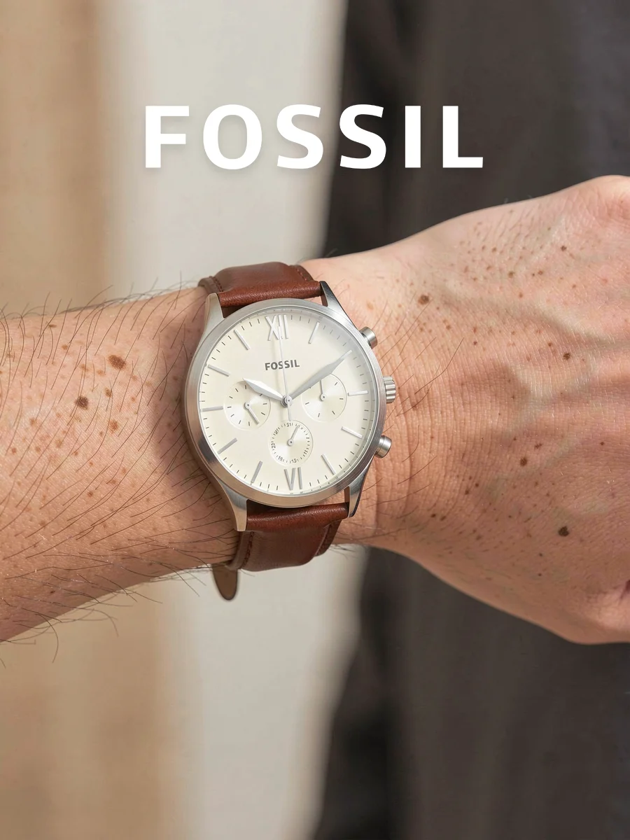 FOSSIL BQ2363 Men Chronograph Quartz Watch Cream Roman Dial Brown Leather Strap For Business Commute Anniversary Gift