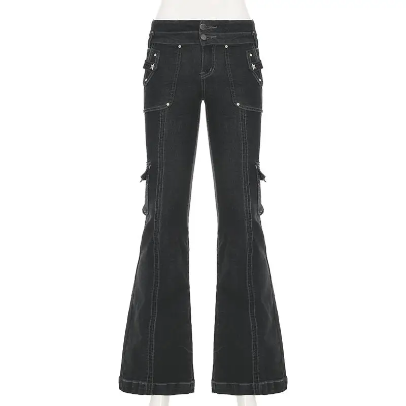 

Punk Korean Hippie Jeans Women Y2K Low Rise Flared Cargo Pants Star Shaped Rivet Multi Pockets Denim Trousers