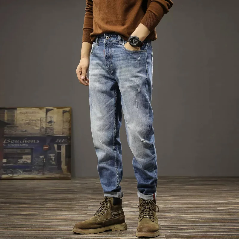 Italian Style Fashion Men Jeans Retro Blue High Quality Elastic Slim Fit Ripped Jeans Men Trousers Vintage Designer Pants Hombre
