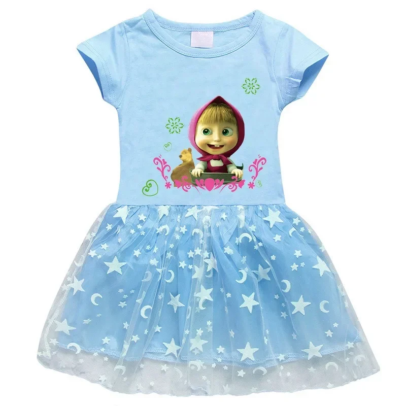 فستان ماشاس والدب للفتيات والأطفال أزياء تنكرية صيفية فساتين قطنية كرتونية لطيفة للأطفال ملابس كاواي هدايا