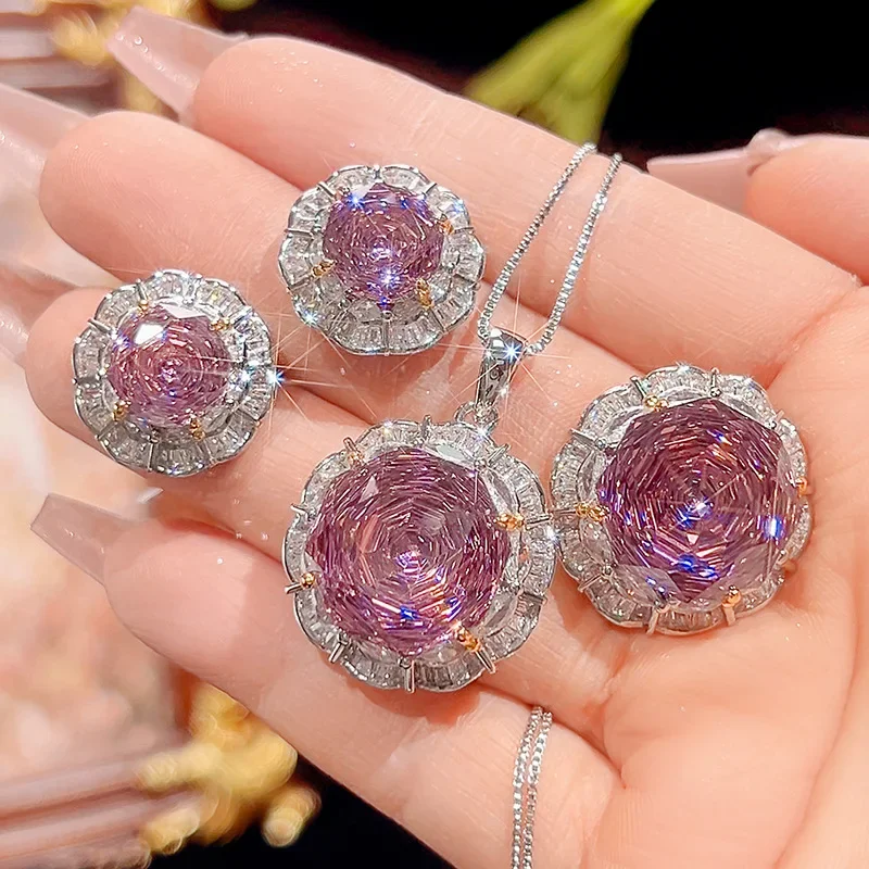 

Pink Flower Shaped Jewelry Cubic Zirconia Pendant Earrings Ring Sparkling Accents for Wedding Party Elegant Fashion Accessories