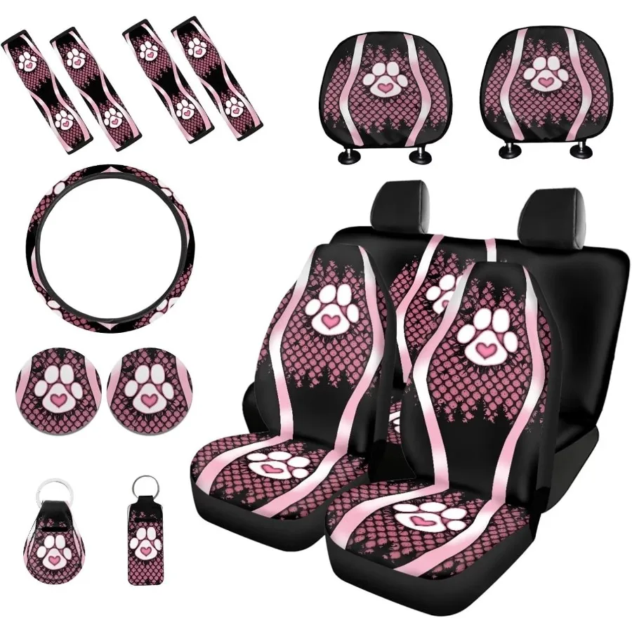 

Universal Full Set Automotive Seat Covers for Women Girls Dog Paw Print Front Back Seat Protector Covers for Dog Lovers with St