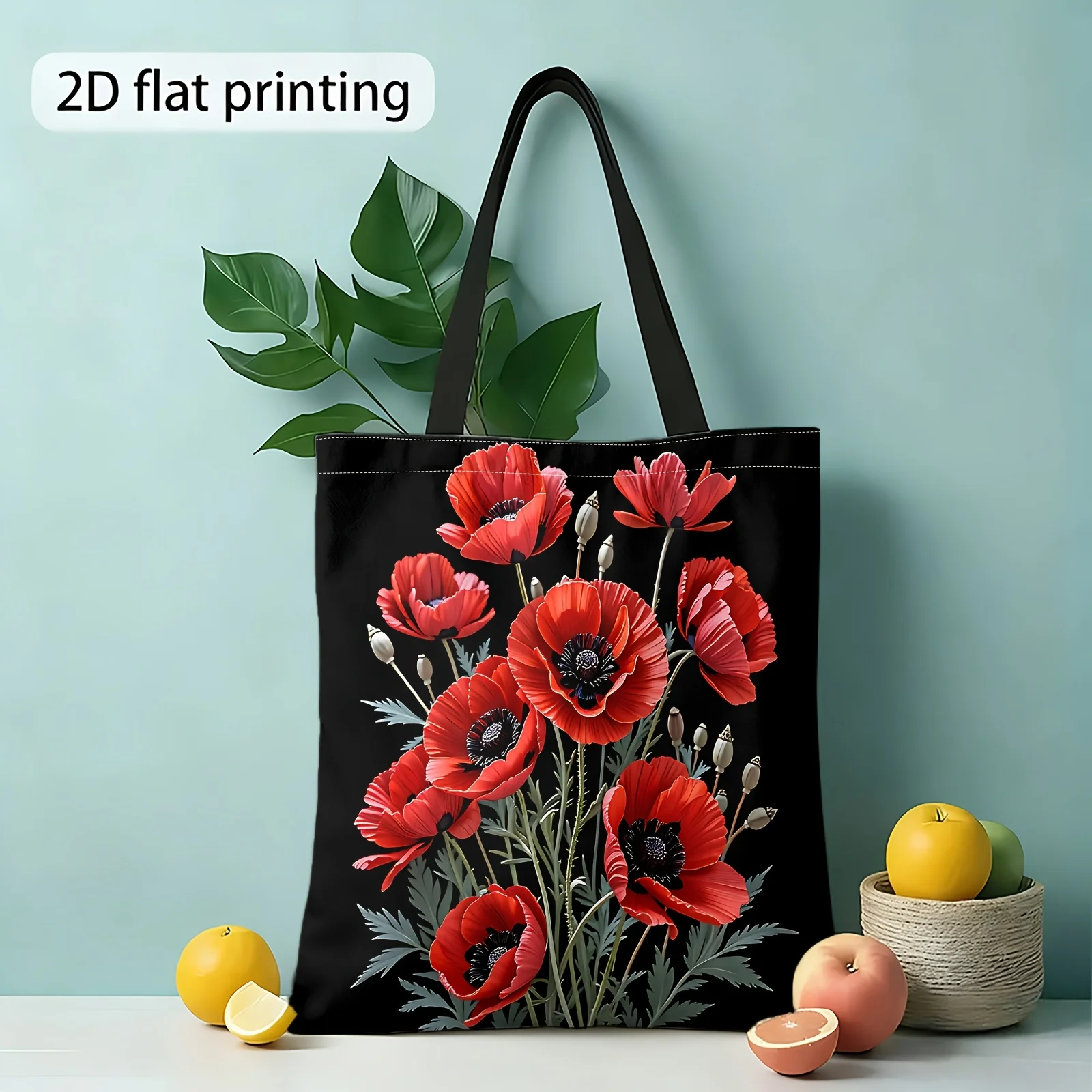 1pc Shoulder Bag  Red Poppies On Black Background Tote Bag Handbag Pouch Fashion for Women Hand Bags Fabric Shopper Bag