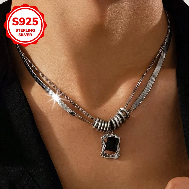 

925 sterling silver trendy hip-hop synthetic zircon double-layered men's necklace is a perfect gift for men on anniversaries