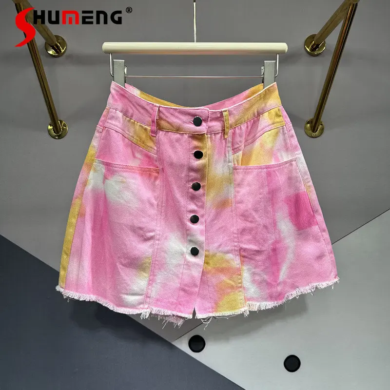 Single-Breasted Denim Short Pantskirt Women's 2023 Summer New High Waist Slimming Pocket Bright Color Tie-Dyed A- line Skirt