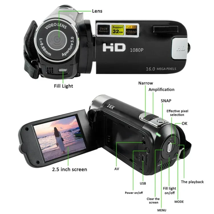 DV Video Camcorder 1080P Full HD 16MP Anti Shake Digital Video Camera 270 Degree Rotation Screen 16X Night Shoot Zoom Camera