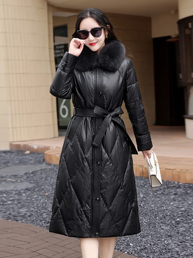 New Women Long Leather Down Coat Winter Fashion Warm Real Fox Fur Collar Sheepskin Down Jacket Split Leather Casual Outerwear