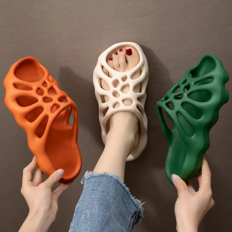 Summer Street Style Spider Web Fish Toe Hole Wave Men Slippers Loose Beach Indoor Bathroom Hotel Home Shower Women Slippers