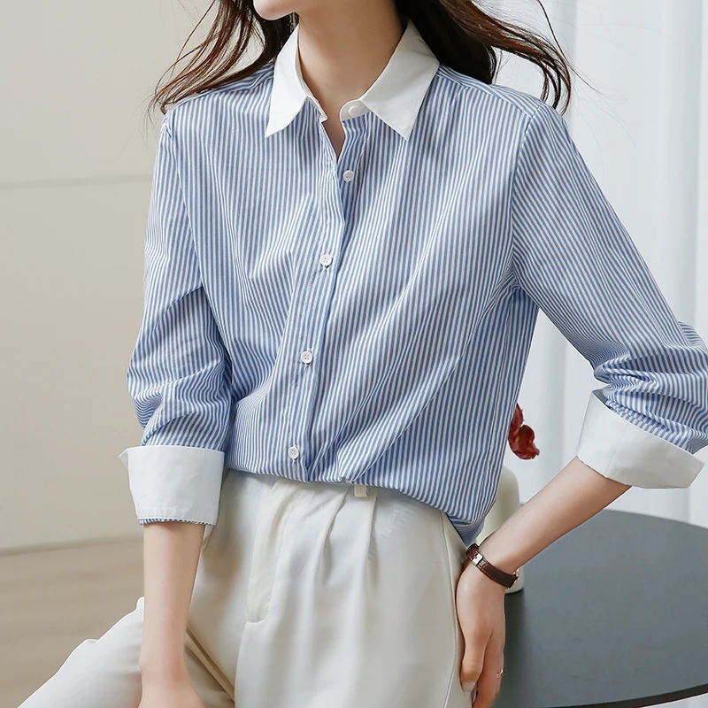 

Полосатая блузка с длинными рукавами, весна-осень 2026, новая модная элегантная офисная женская синяя рубашка, повседневный топ на пуговицах