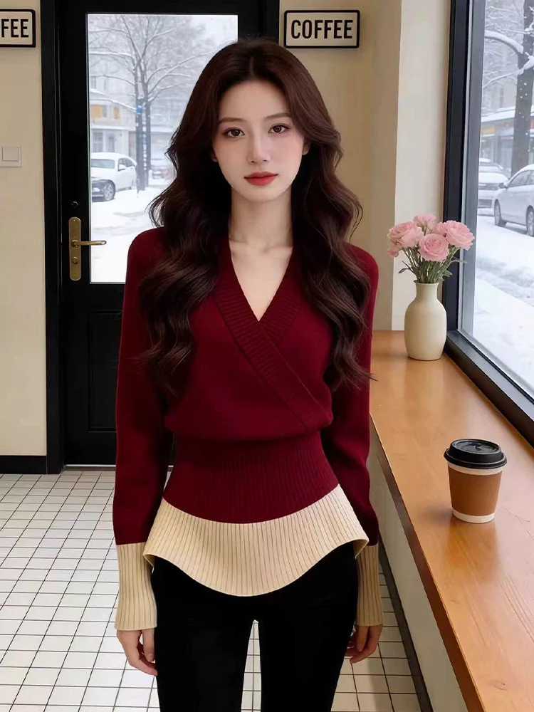 

Красный женский трикотажный свитер с V-образным вырезом, приталенный, с поясом на талии, новогодняя мода, базовый слой, повседневный стиль, зимний сезон