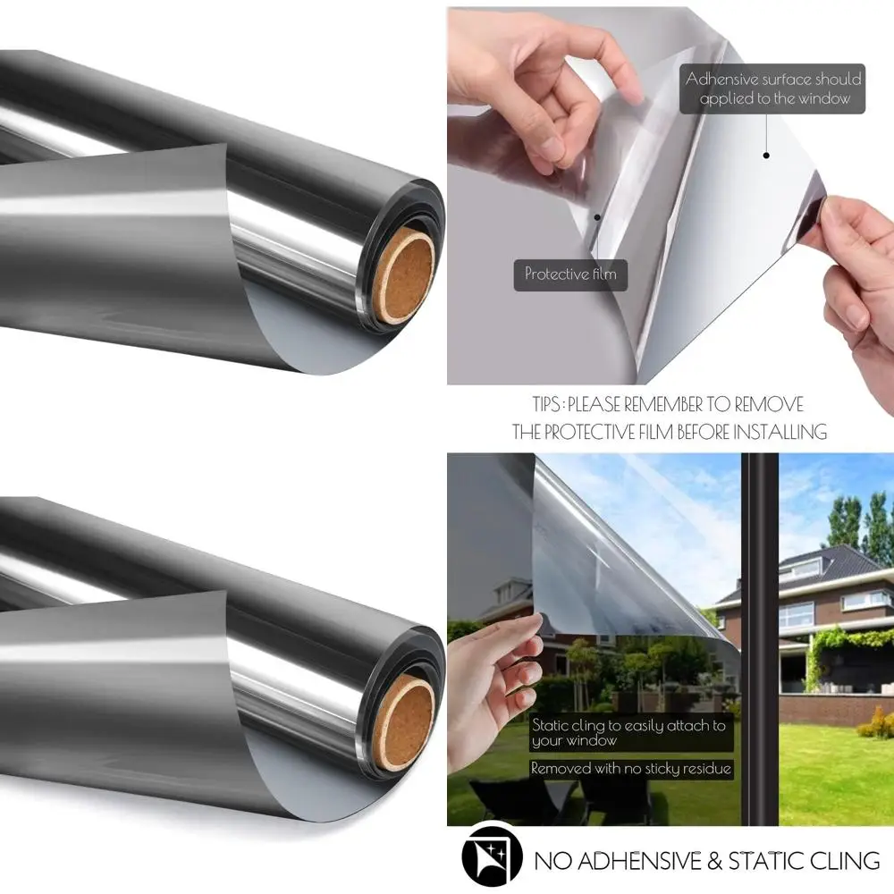 

Несамоклеящаяся статическая тонировочная пленка для окон для контроля тепла и защиты от УФ-излучения, черно-серебристая, 41,3 x 13,1 фута