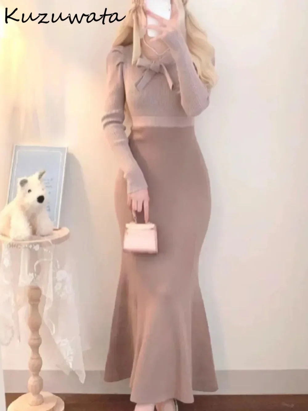 

Kuzuwata Vintage High Street O Neck Puff Sleeve Dress Women Bow Knit Slim Waist Vestidos Japan Mermaid Bodycon Celebrity Robe