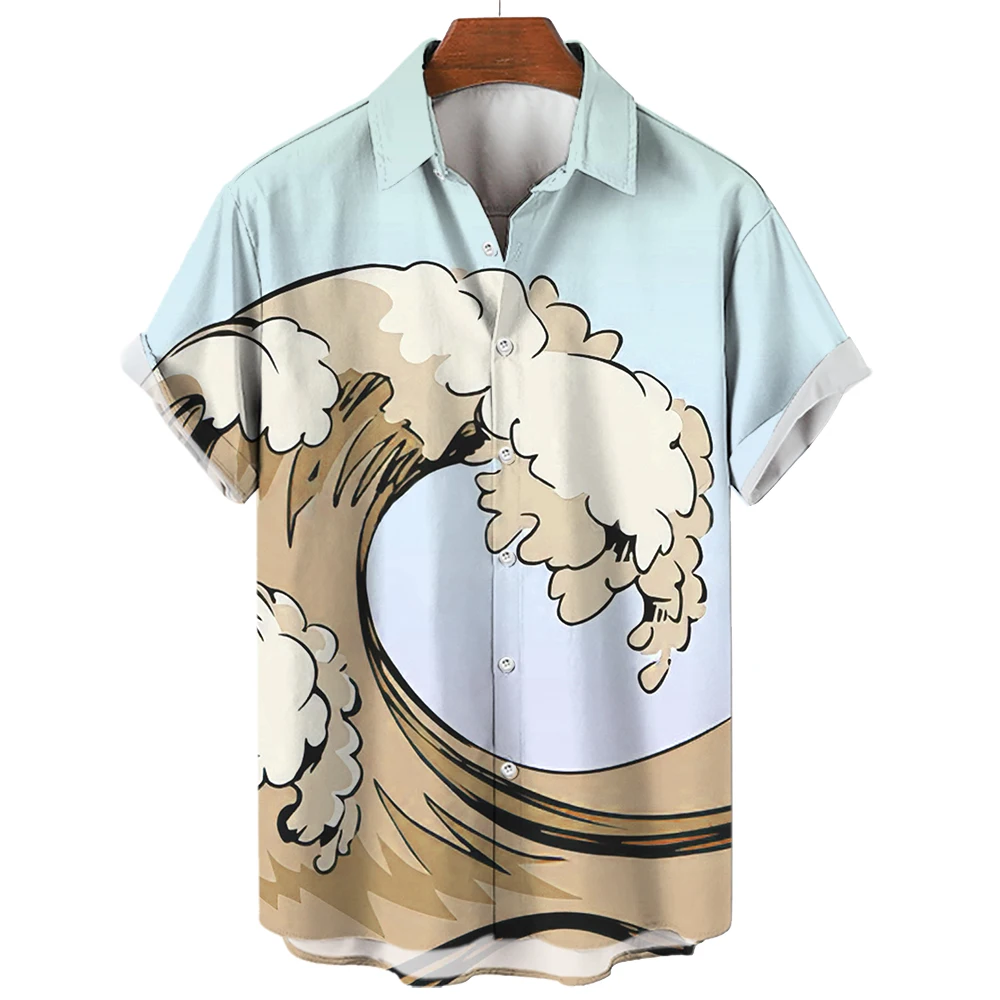 Camisas masculinas de ondas oceânicas, camisas de praia havaianas para surf 3D, tops Y2K de manga curta, roupas vintage, blusa de lapela