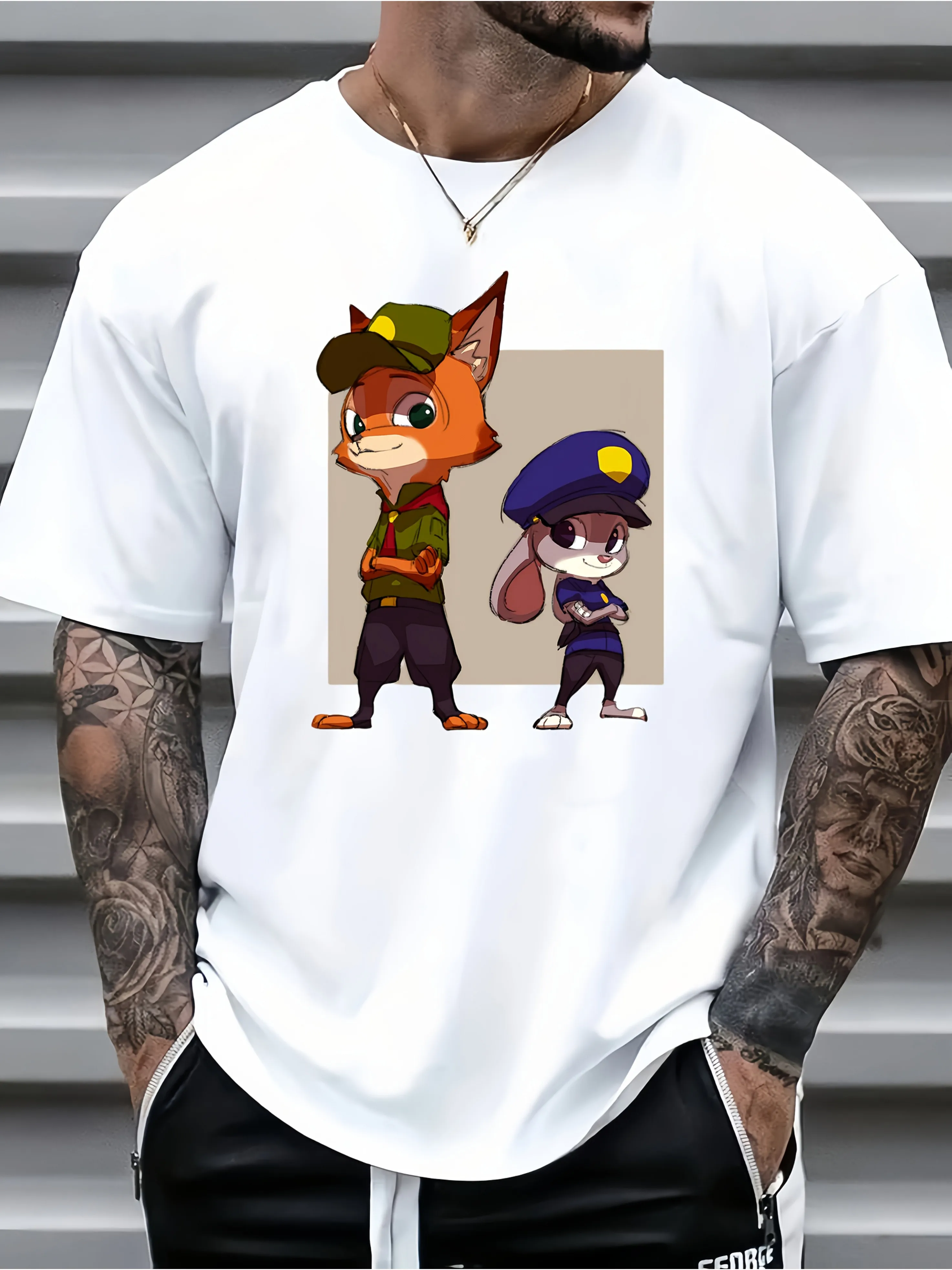 تي شيرت Disney Zootopia للرجال بنمط شخصية شرطة Nick and Judy - كاجوال بأكمام قصيرة محايدة #1