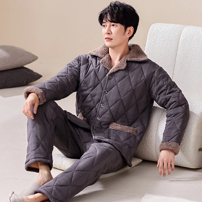 Winter thickened men's pajamas cardigan button style cotton-padded men's home clothing 3 layers quilted keep warm men's pajamas