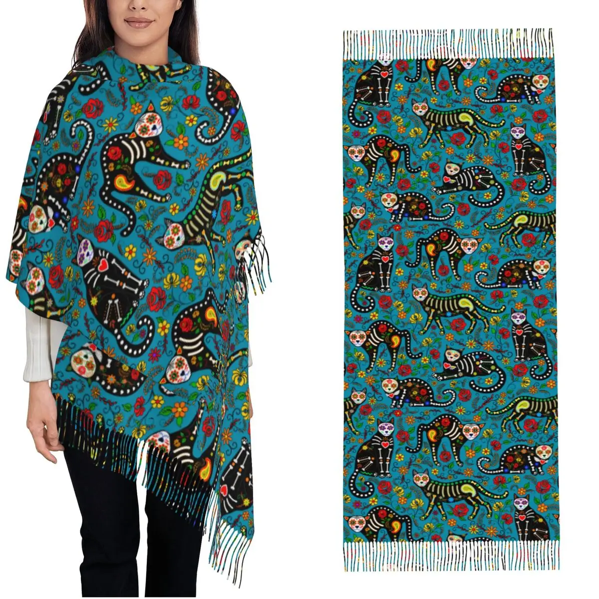 Women's Scarf with Tassel Mexico Day Of The Dead Calavera Cats Shawl Wrap Sugar Skull Dia De Los Muertos Gifts Cashmere Scarf