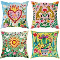 Mexican Bohemian Style Pizza Pillow Cover Cactus Leopard Sun Patterns Yellow Pink Green Blue Polyester No Embroidery for Living