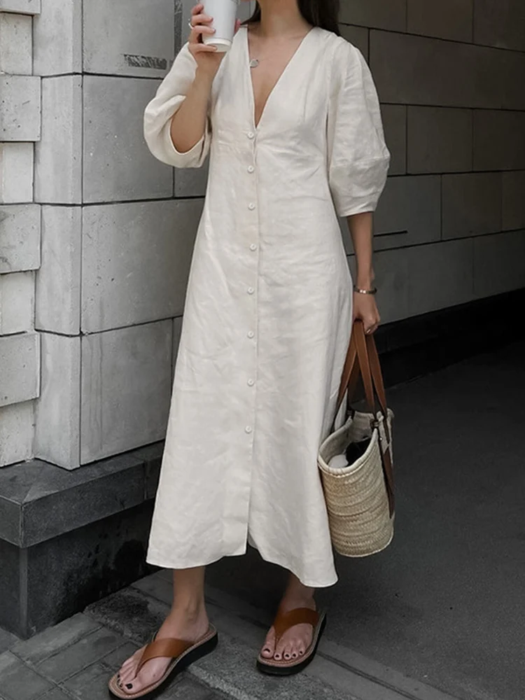 Cotton and Linen Shirt Dress Women Summer Sexy Backless Loose Long Dress Female Casual Bubble Sleeve Single Breasted Midi Dress