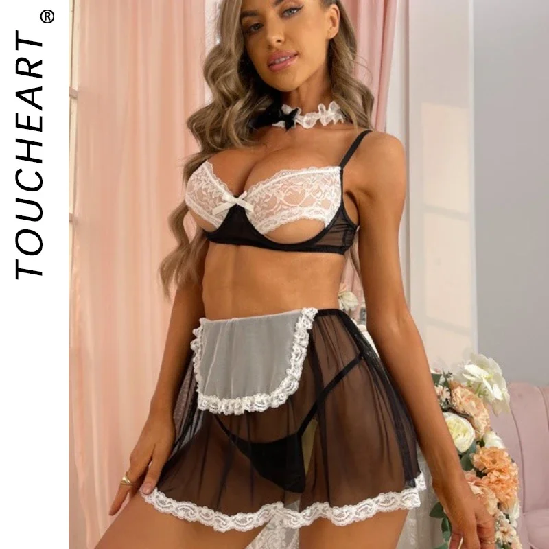 Toucheart Sexy Uniform Skirt Suits Lace Mesh Splicing See-Through Sexy Maid Uniform Sexy Suit Maid Cosplay Erotic Underwear Sets