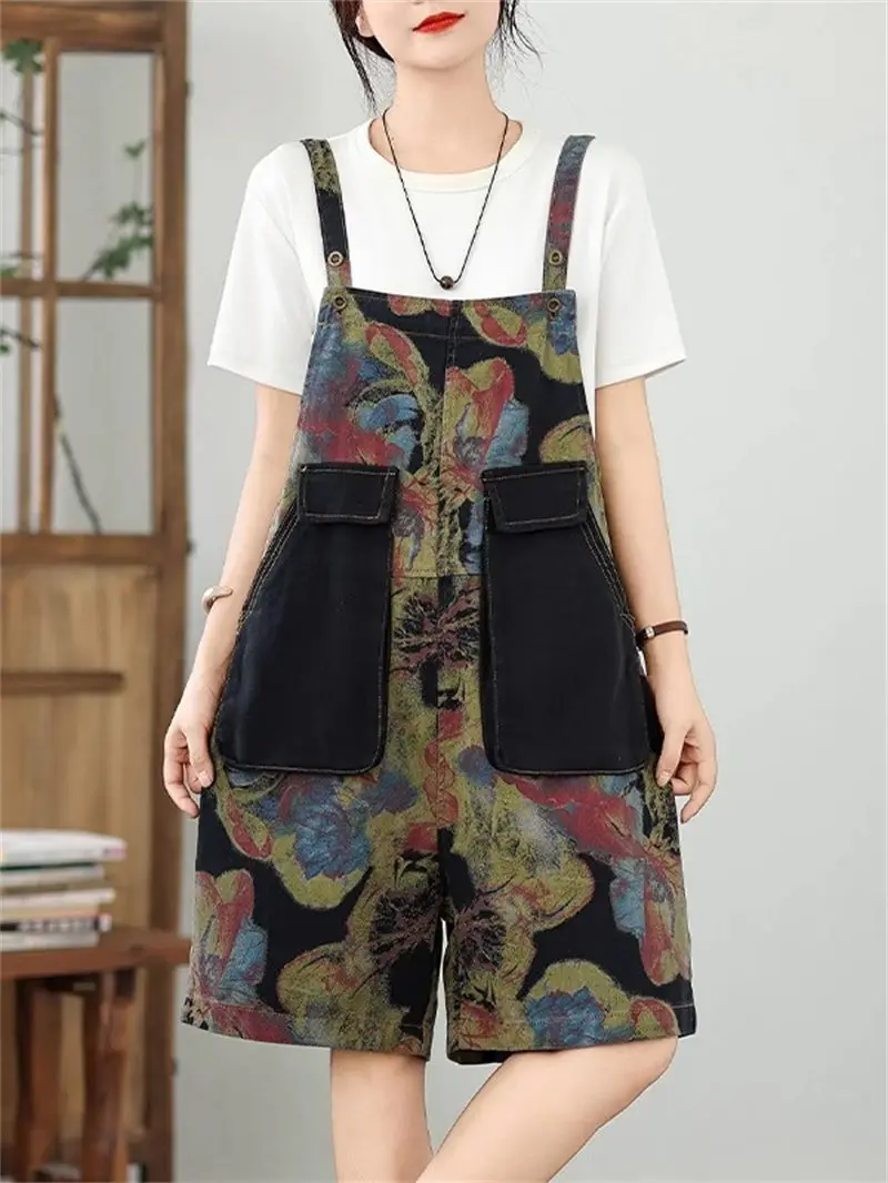 Retro Printed Denim Overalls For Women Summer 2025 Thin Oversized Fashionable And Loose Jumpsuit Shorts g1118