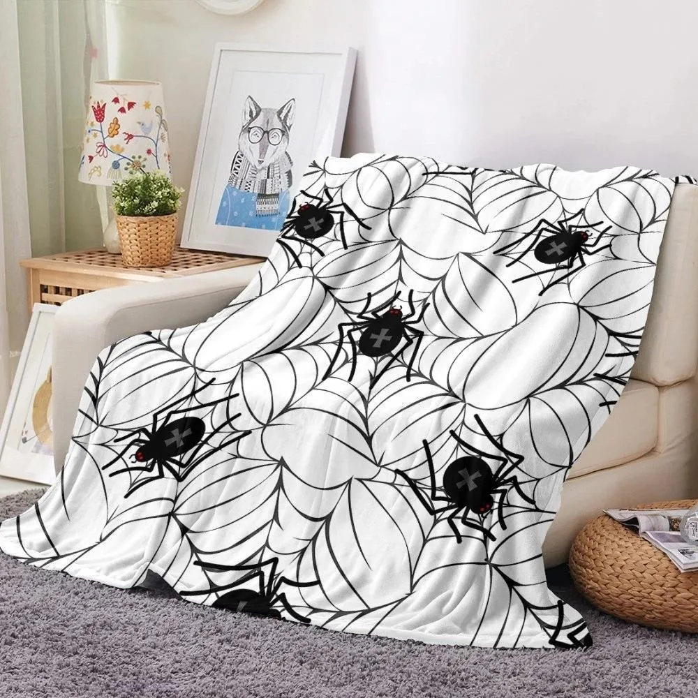 

Haunted Halloween Fleece Throw Blanket: Spider Webs Black Bats and Decorated Pumpkins Print on Soft Velvet Fleece Throw Blanket