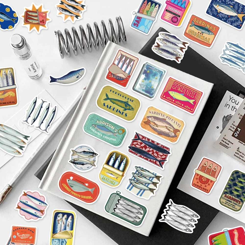 50 Uds. De pegatinas creativas de animales marinos de sardina, Material hecho a mano DIY, funda para teléfono móvil, pegatina decorativa para equipaje y portátil