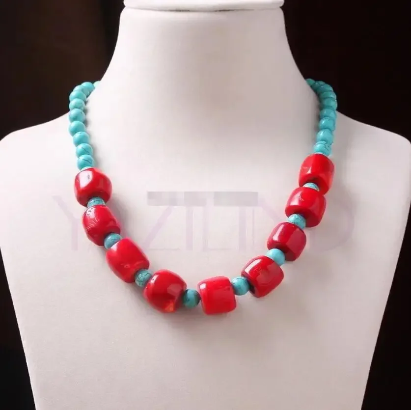 Tibetan women's eye-catching necklace, Natural Coral Turquoise ball, manual binding, wholesale