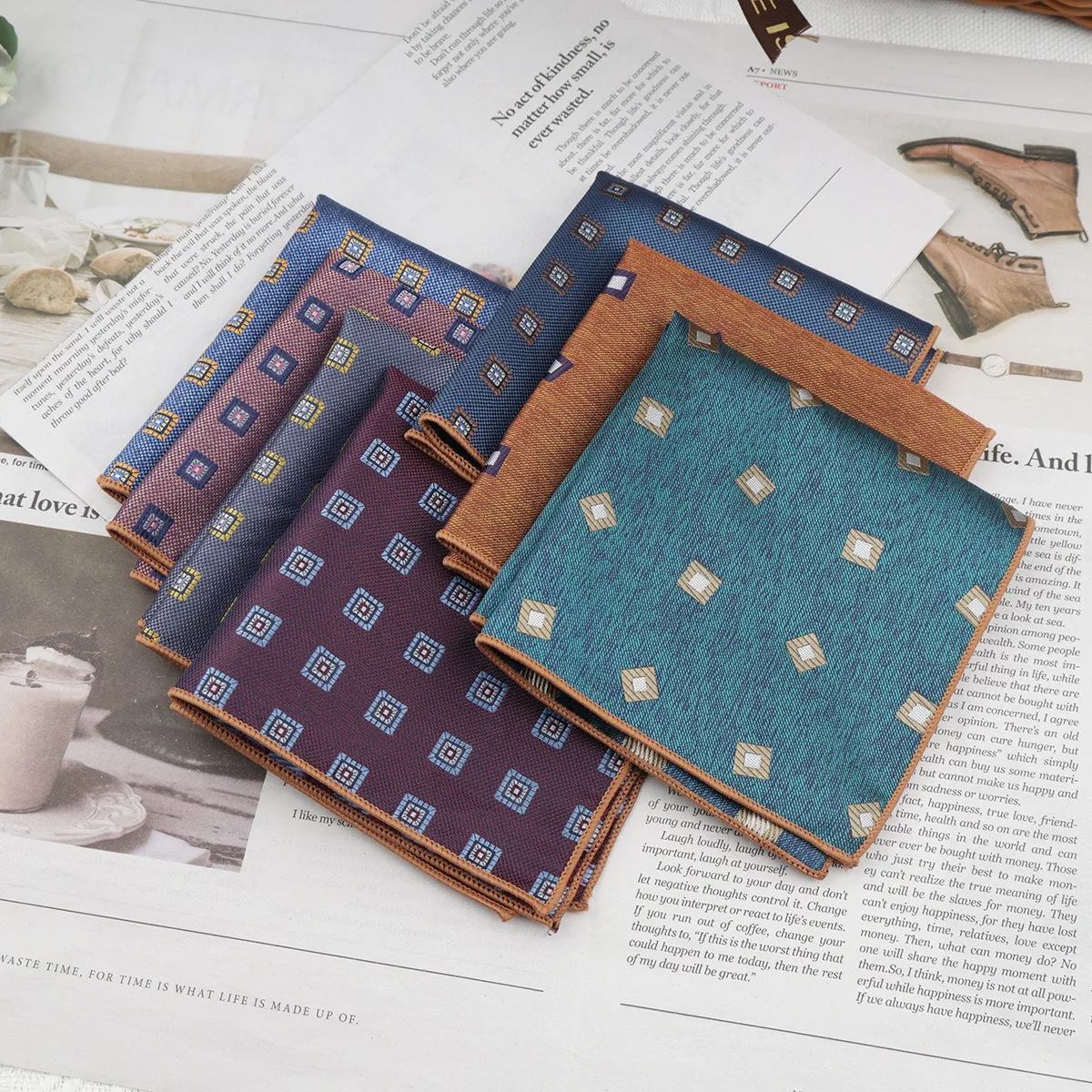 2026 New Luxury Polyester Woven Pocket Square Diamond Dots Brown Handkerchief Wedding Party Shirt Accessories Formal Soft Hanky