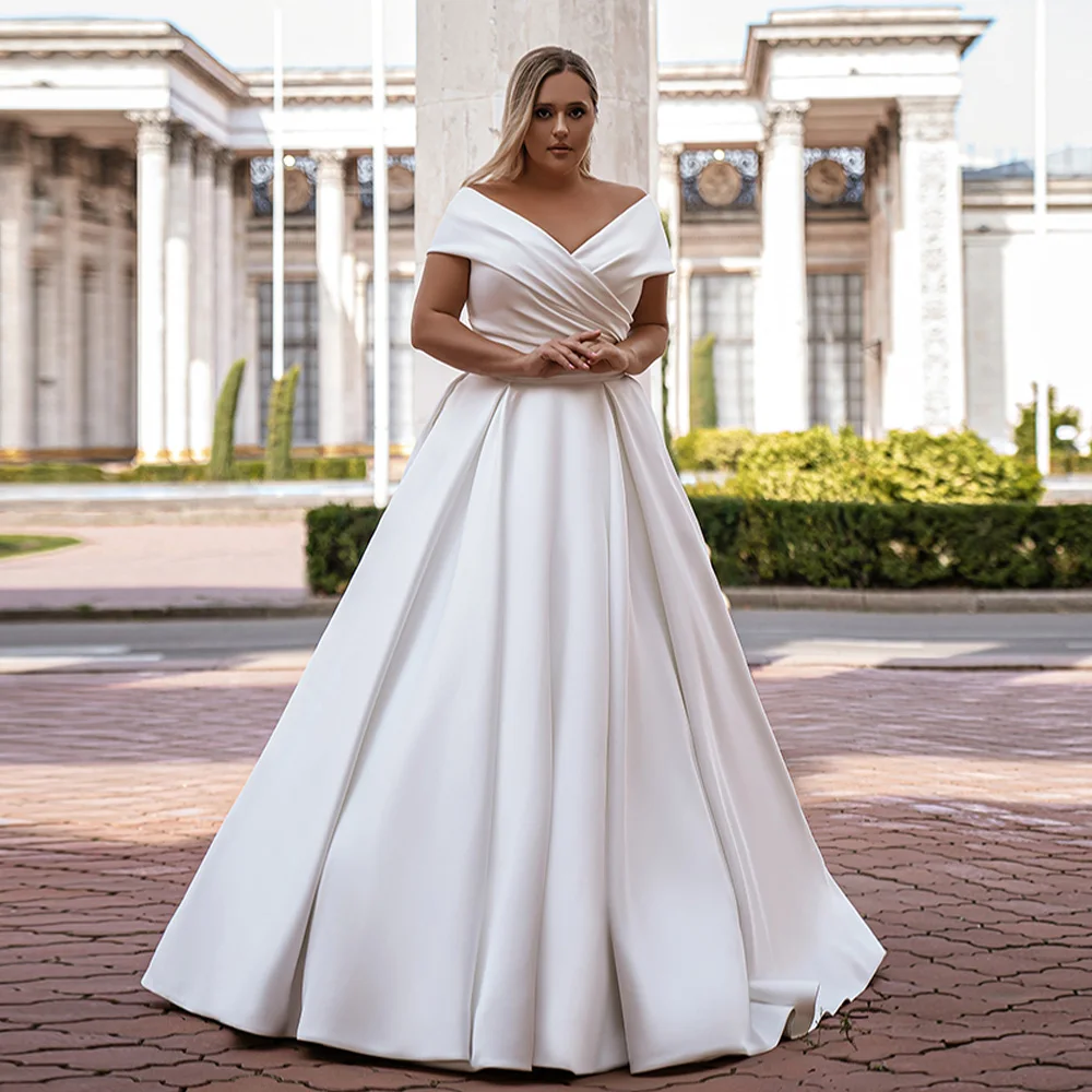 Jiayigong Plus Size Satijnen Trouwjurk Off De Schouder V-hals Ruches Plooi Eenvoudige Vestido De Noiva Baljurk Bridal jurken