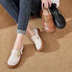 Original Natural Leather Shoes for Women Vintage Comfort Round Toe Buckl Flats Woman Slip On Orthopedic Loafers Ladies Moccasins