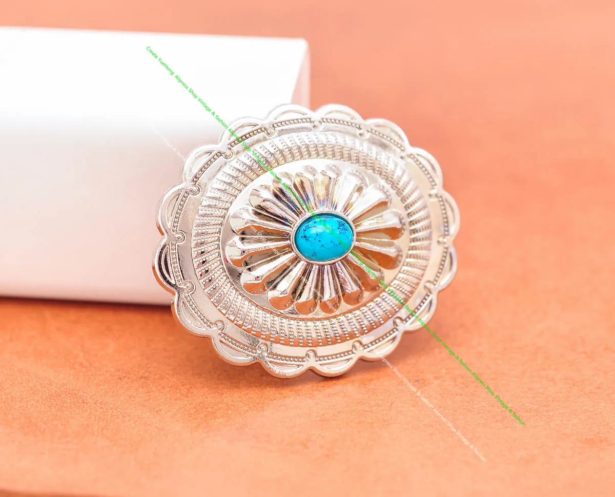 

6pc 44*38mm Silver Ethnic Indian Southeast Flower Light Blue Turquoise Leathercraft Belt Hatband Leather Concho Decor