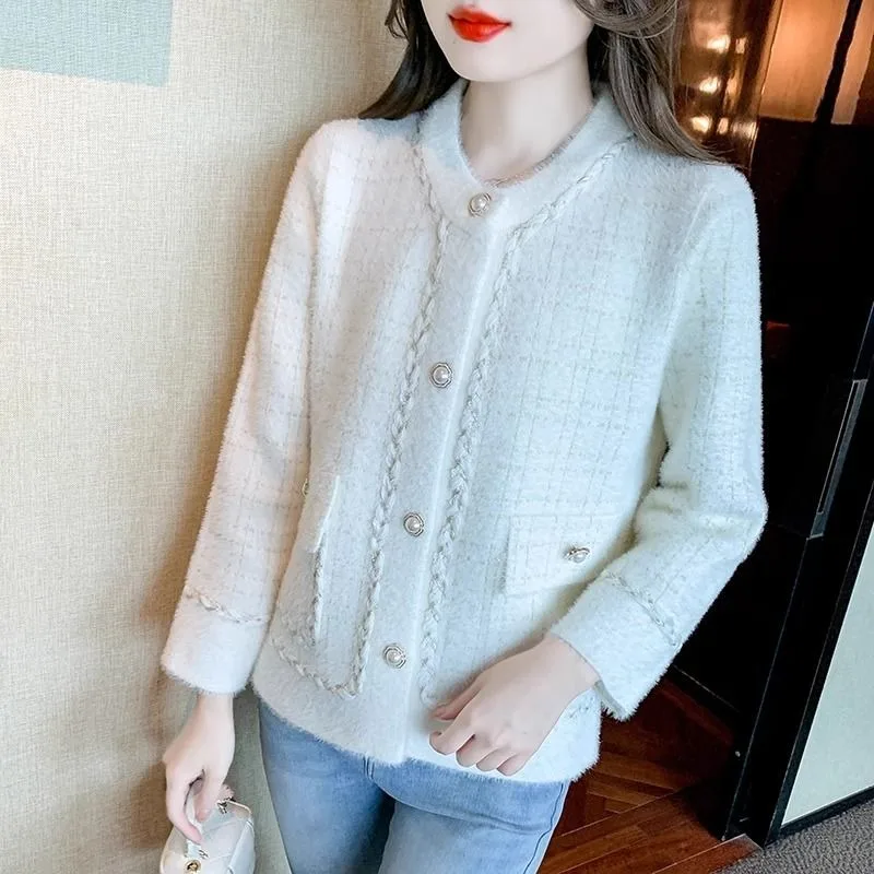 Karierte, kontrastierende Rundhals-Herbst- und Winter-Damen-Strickjacke mit Knöpfen und langen Ärmeln, modisches und elegantes Oberteil