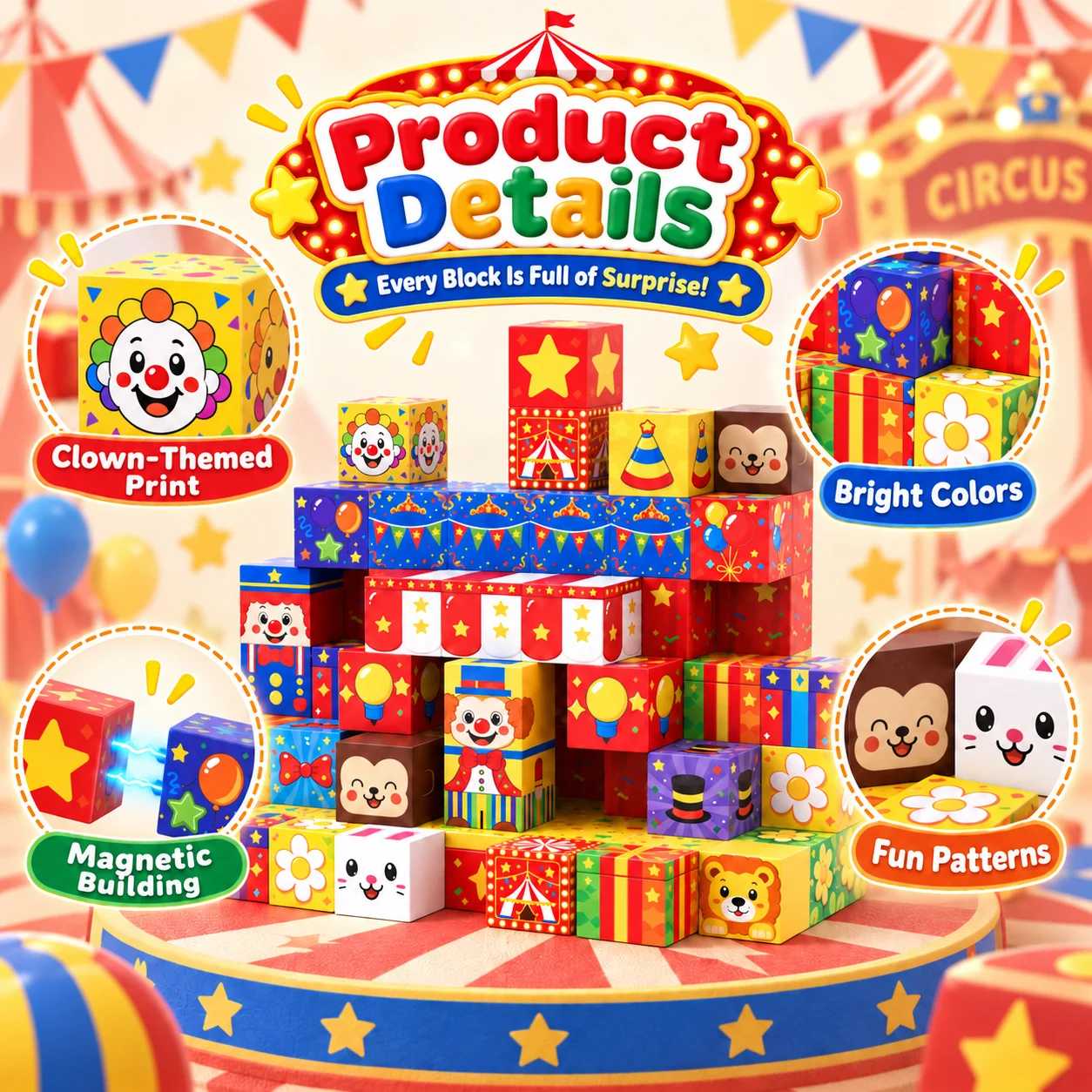 Clown Wonderland Magnetic Building Blocks Circus Birthday Gift for Children STEM Montessori Sensory Magnet Cubes for Kids Toy